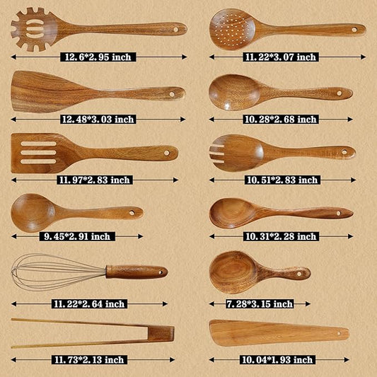 Unokit Wooden Utensil Set - 12 PCS Natural Teak Wood Kitchen Utensils Set with Wooden Spoons for Cooking and Spatula, Non-Scratch Nonstick Safe, Heat Resistant for All Cookware