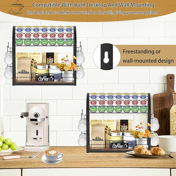 K Cup Coffee Pod Holder, 2 Tier Coffee Bar Organizer with 8 Mug Hooks, 2025 New K Cup Holders for Counter, Easy Assembly, Multi-functional Coffee Station Organizer for Countertop, Home or Office,Black