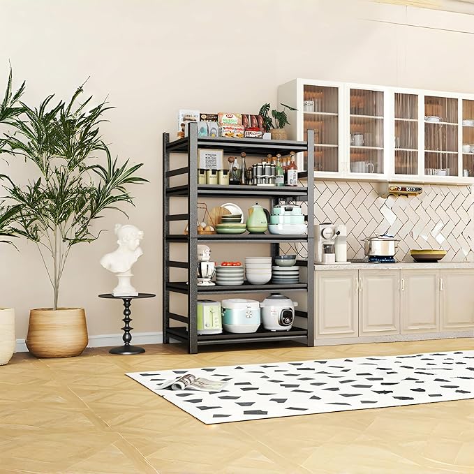 Metal Kitchen Shelf, Heavy Duty 5 Tier Adjustable Storage Shelf, 3000 lb. Load Capacity, Steel Dividers for Heavy Duty Tools and Cookware, Ideal for Kitchen, Pantry, Garage, Black