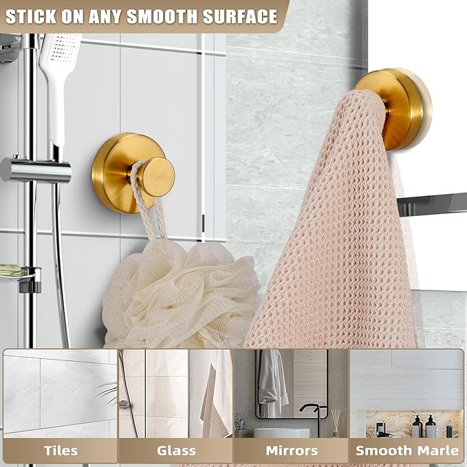 Suction Cup Hooks for Shower No-Drill Bathroom Hooks for Towels, Robes, Loofah Mountable on Bathroom Walls, Kitchen, Glass, Mirrors, Tile and Smooth,Non-Porous Surfaces (2 Pack, Brushed Gold)