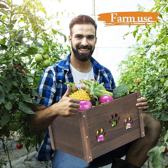 Wooden Crates 2 Pack, Hollow Claw Wooden Crates for Display & Storage, Farmhouse Handmade Wood Crate with Handles, Rustic Large Decorative Wood Crate Box for Display