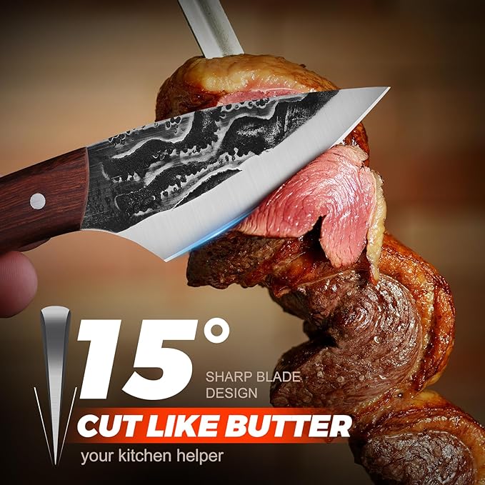 Hand-Forged Kitchen Knife, 5-Piece Professional Chef Knife Set, Outdoor, BBQ Meat Cleaver Cooking, Forged Kitchen Knives with High-Carbon Stainless Steel Cutlery and Leather Sheath.