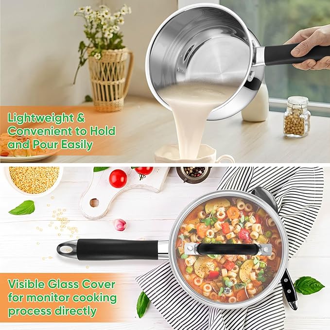 P&P CHEF 2 Quart Sauce Pan with Lid, Stainless Steel Saucepan, Small Milk Pot for Multipurpose Cooking, Visible Glass Lid & Stay-cool Silicone Handle & Tri-Ply Base, For All Stoves & Dishwasher Use