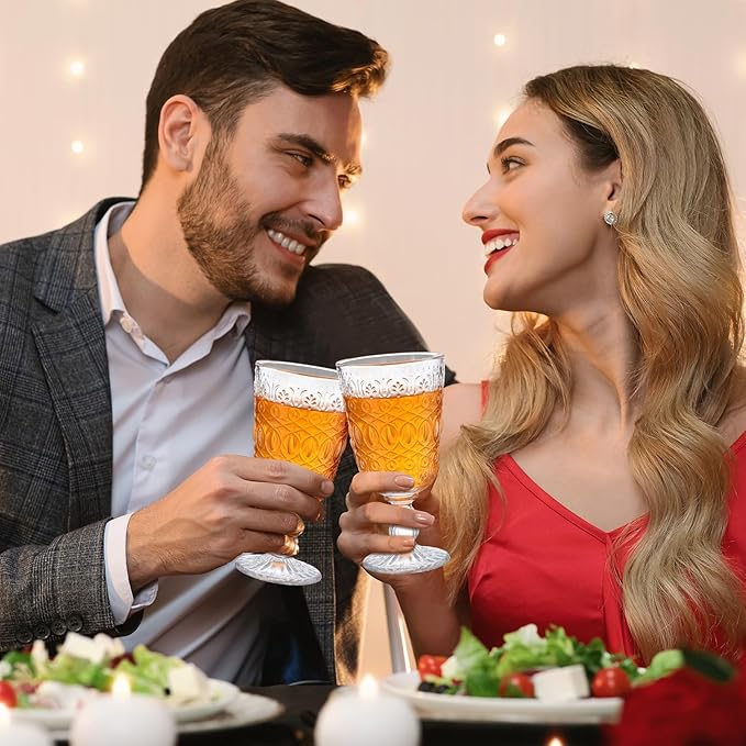 Eaasty Wine Glasses Set of 12 Vintage Goblet 9 oz Vintage Colored Glass Goblet Beverage Stemmed Glass Cups Romantic Embossed Glassware for Wedding Party Holidays Anniversary (Clear)