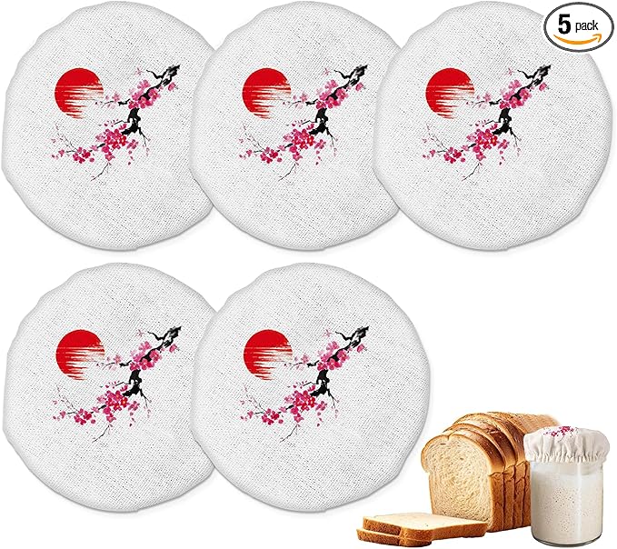 Cherry Blossom Japanese Painting Sourdough Starter Jar Covers Reusable,Breathable Fabric Lids for Mason Jars,Wide Mouth and Regular Mouth(5 Pack)