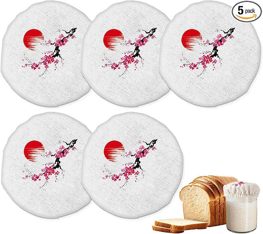 Cherry Blossom Japanese Painting Sourdough Starter Jar Covers Reusable,Breathable Fabric Lids for Mason Jars,Wide Mouth and Regular Mouth(5 Pack)
