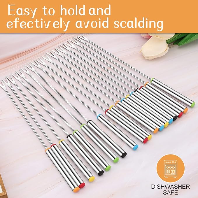 18 PCS Fondue Forks Stainless Steel,9.3inch Color Coding Cheese Fondue Forks with Heat Resistant Handle,Fondue Sticks for Chocolate Fountain Dessert Meat Barbecue Roast Marshmallows,6 color