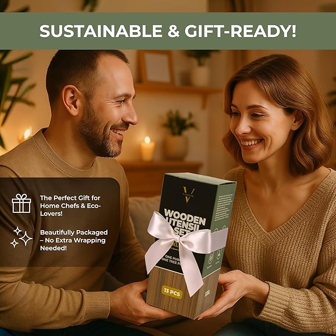 XXL Wooden Utensil Set – 13 Piece Acacia Wood Cooking Tools with Round Holder for Nonstick Cookware with Holder & Spoon Rest – Wooden Spoons for Cooking, Spatula, Spurtle