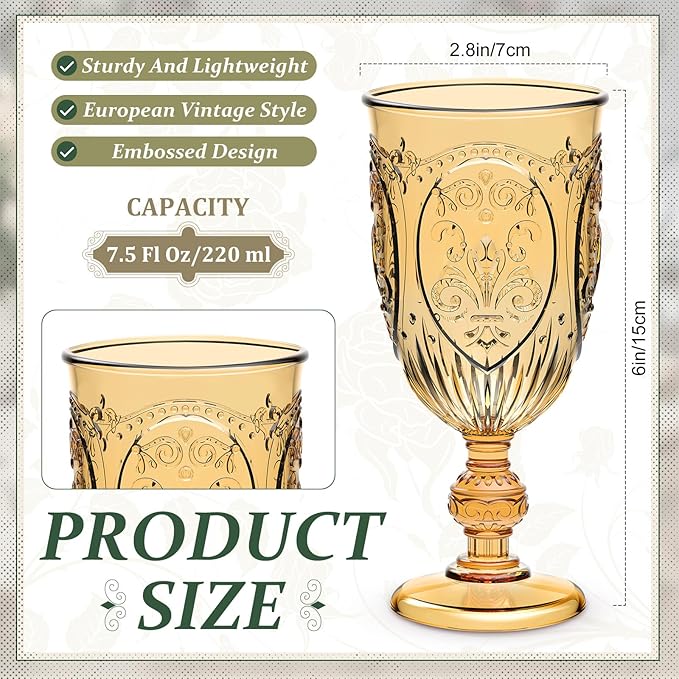 48 Pcs Plastic Goblets 7.5oz Vintage Goblet Plastic Wine Glasses Colored Retro Embossed Water Goblets for Wine Bar Juice Baby Shower Wedding Reception Grand Event Party (Amber)