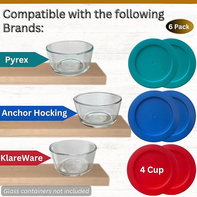 4 Cup/950 mL Turquoise, Blue, Red Replacement Lids/Covers for Pyrex 7201-PC, 32oz Anchor Hocking & Klare Ware Storage Bowls *Lids Only* - *Glass Container Not Included* (6 Pack, Turquoise/Blue/Red)