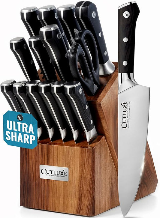 Cutluxe 15-Piece Knife Set – Premium Walnut Wood Block – Knife Set for Kitchen, Ultra Sharp High Carbon German Stainless Steel, Full Tang – Artisan Series