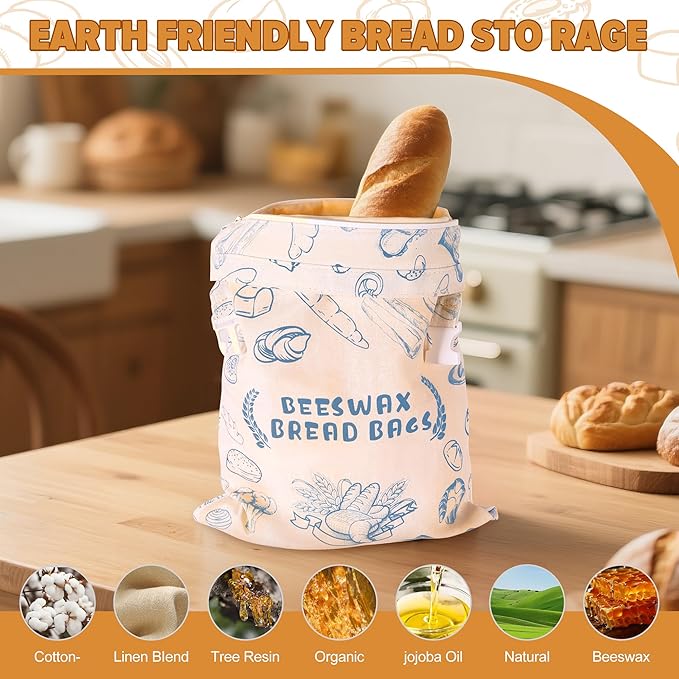 2 Pack Zipper Reusable Beeswax Bread Bag for Sourdough, 12x17in Cotton Linen Food Storage Bags for Homemade Bread, Keep Your Loaf Fresh for Days, Freezer Waxed Sourdough Container, Extra Large