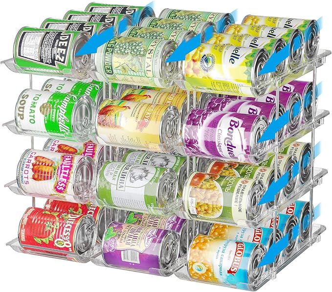 Stackable 4 Tiers Can Organizer Pantry, Canned Food Holder for Fridge Holds 48 Cans, Free Combination & Automatic Rolling, Space Saving Storage for Refrigerator Kitchen Pantry, Clear