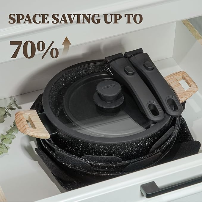 23Pcs Ceramic Cookware Set Non Stick Pots and Pans Set Non Toxic with Detachable Handle Induction Kitchen Cookware Set Space Saving, Oven & Dishwasher Safe, Black
