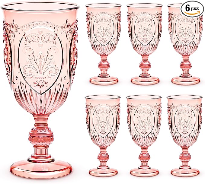 6 Pcs Plastic Goblets 7.5oz Vintage Goblet Plastic Wine Glasses Colored Retro Embossed Water Goblets for Wine Bar Juice Baby Shower Wedding Reception Grand Event Party (Pink)