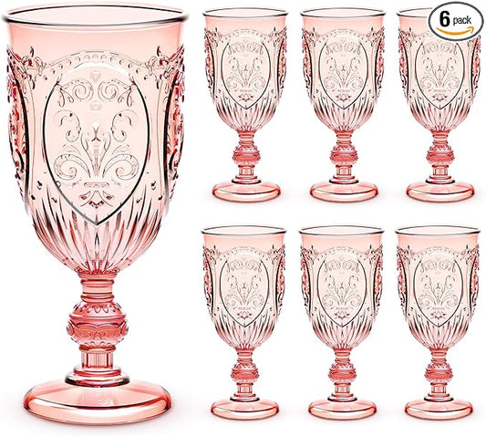 6 Pcs Plastic Goblets 7.5oz Vintage Goblet Plastic Wine Glasses Colored Retro Embossed Water Goblets for Wine Bar Juice Baby Shower Wedding Reception Grand Event Party (Pink)