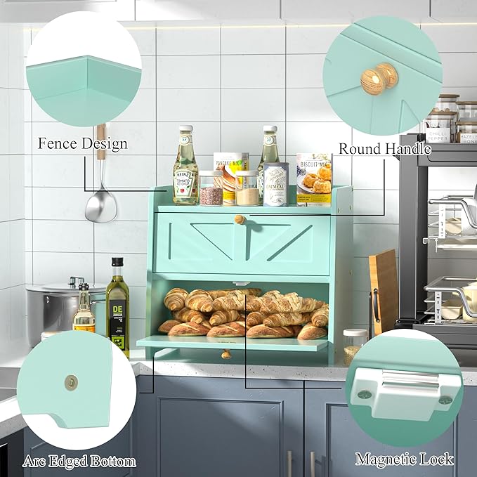 Bread Box for Kitchen Countertop, Double Layer Wooden Breadbox, Large Capacity Bread Storage Bin, Homemade Bread Storage Container, Farmhouse Breadbox Organizer, Green