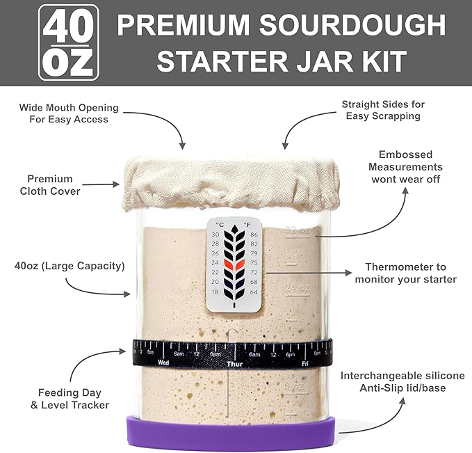 Premium Sourdough Starter Jar - 40oz Large Sourdough Jar with Marked Feeding Band, Thermometer, Scraper, Cloth Cover and Silicone Lid/Base, Wide Mouth Starter Kit - Purple