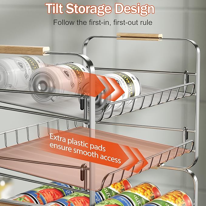 MAXIFFE 2-Tier Can Organizer for Pantry, 16.9"W × 11.5"D × 16.7"H, Stackable Metal Adjustable Hold 40 Cans Rack Storage Holder Dispenser for Soda Drinks Fruits, for Kitchen Countertop, 2 Pack Chrome