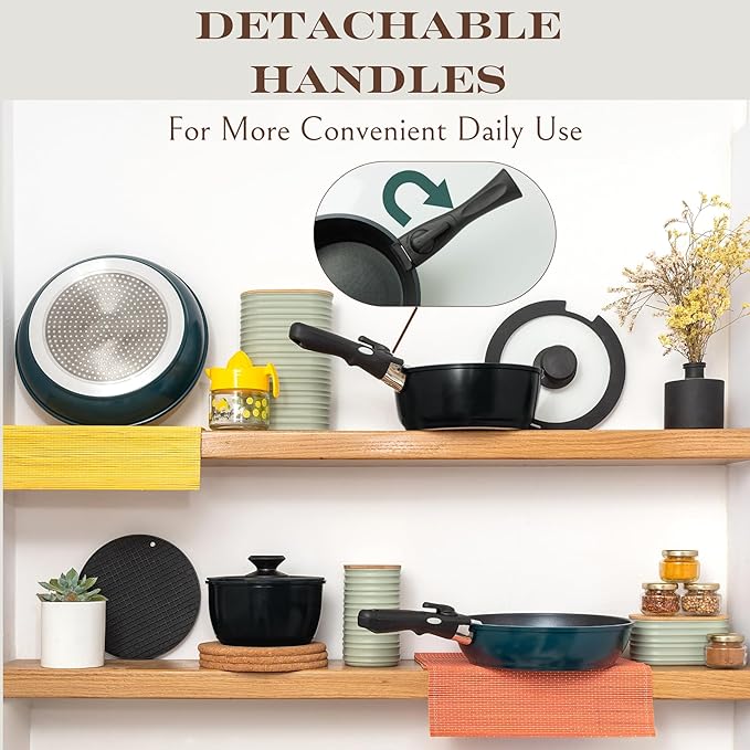 Moss & Stone Aluminum Pots And Pans Set Nonstick, Removable Handle Cookware, Stackable , Dishwasher Safe, Induction Camping Cookware Set. (10 Pieces Blue)