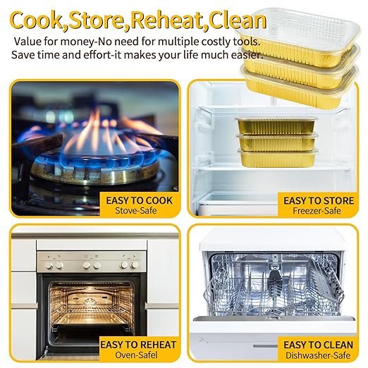 30 Pack Gold Aluminum Foil Pans with Lids 9x13, Extra Heavy Duty Aluminum Foil Baking Pans with Lids, Double Thick Half Size Tin Foil Food Container with Lids for Baking, Heating, Cooking