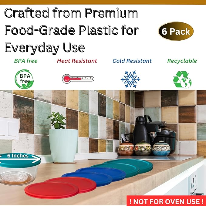 4 Cup/950 mL Turquoise, Blue, Red Replacement Lids/Covers for Pyrex 7201-PC, 32oz Anchor Hocking & Klare Ware Storage Bowls *Lids Only* - *Glass Container Not Included* (6 Pack, Turquoise/Blue/Red)