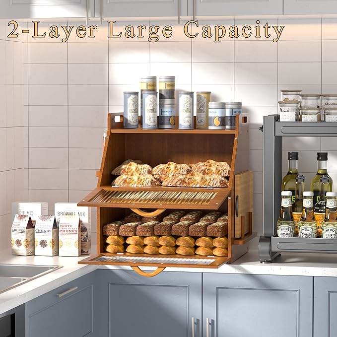 Bread Box for Kitchen Countertop, Large Bread Storage Container for Homemade Bread, Vintage Wooden Farmhouse Breadbox Organizers, Double Layer Bread Bin with Acrylic Window Bread Holder