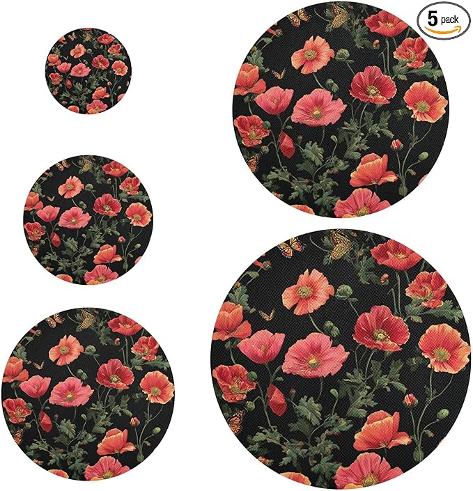 5 Pcs Bowl Covers Reusable in 5 Size Elastic Food Cover Cloth Lids Fresh Keeping Dish Cookware Bakeware Fabric Covers Lids for Food Leftovers Fruits Storage Black Poppy Butterfly