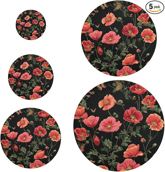 5 Pcs Bowl Covers Reusable in 5 Size Elastic Food Cover Cloth Lids Fresh Keeping Dish Cookware Bakeware Fabric Covers Lids for Food Leftovers Fruits Storage Black Poppy Butterfly