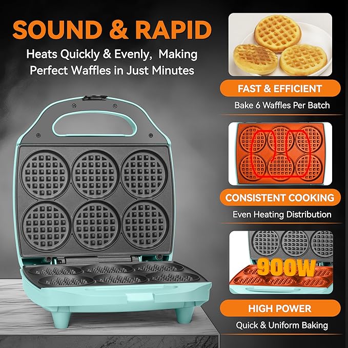 Baker's Friend Multi Mini Waffle Maker Machine, 6 x 3'' Small Waffle Iron, Perfect for Families and Individuals Use, Excellent Choice for Breakfast Brunch Parties & Events, Aqua