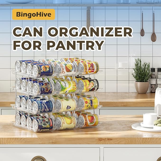 Stackable 4 Tiers Can Organizer Pantry, Canned Food Holder for Fridge Holds 48 Cans, Free Combination & Automatic Rolling, Space Saving Storage for Refrigerator Kitchen Pantry, Clear
