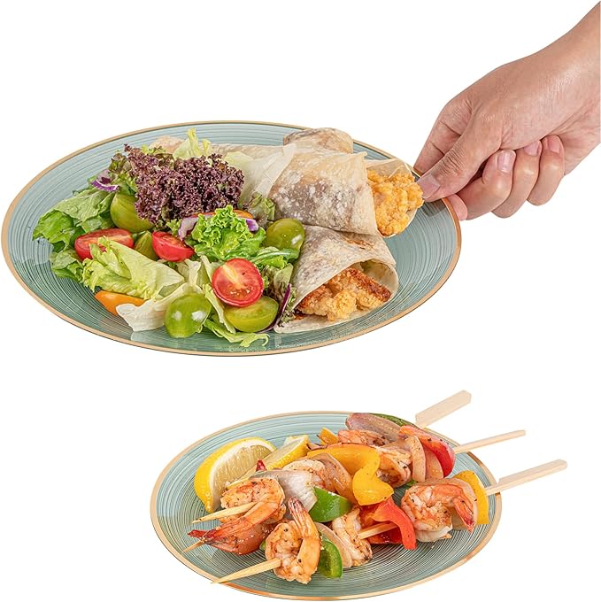 Restaurantware Plastic Plates 200 Pcs 7.13" and 10" Combo Gold Rimmed Plate Set Disposable Heavy-Duty Green Translucent Rippled Plastic Dinner Servers for Party, Weddings, Salads, Desserts