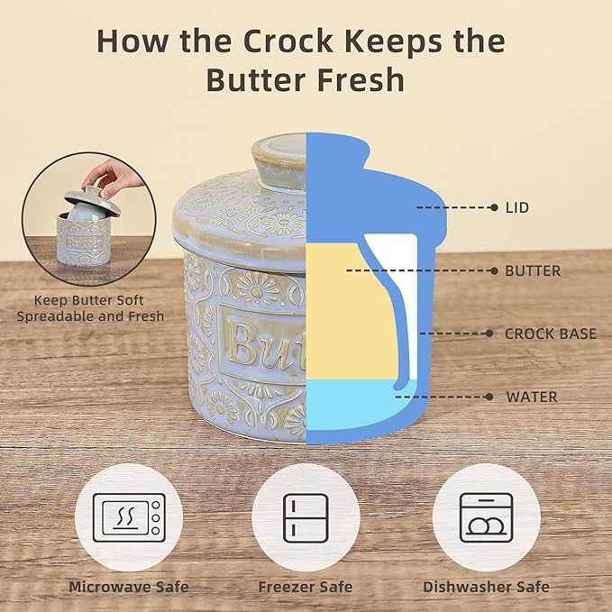 Butter Crock with Water Line, Ceramic Butter Keeper for Counter, French Butter Dish with Lid for Spreadable Fresh Butter (Pale Blue)