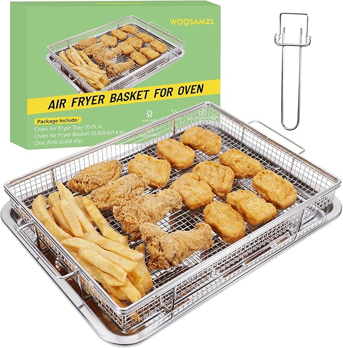 Air Fryer Basket for Full Size Oven,2 PCS-Set,Sturdy Basket & Baking Crisper Tray Pan for Easy Cleaning and Crispy Results,Stainless Steel Air Fryer Accessories,with one Removable Handle,15''×11''