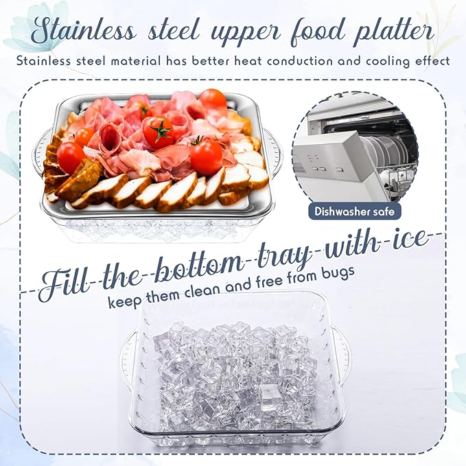 Baderke 9" Chilled Serving Tray for Parties with Compartments Ice Chilled Party Platter Charcuterie Serving Board Cold Dish Dip with Forks Tongs for Fruit Seafood Vegetable Appetizer(Silver,2 Set)