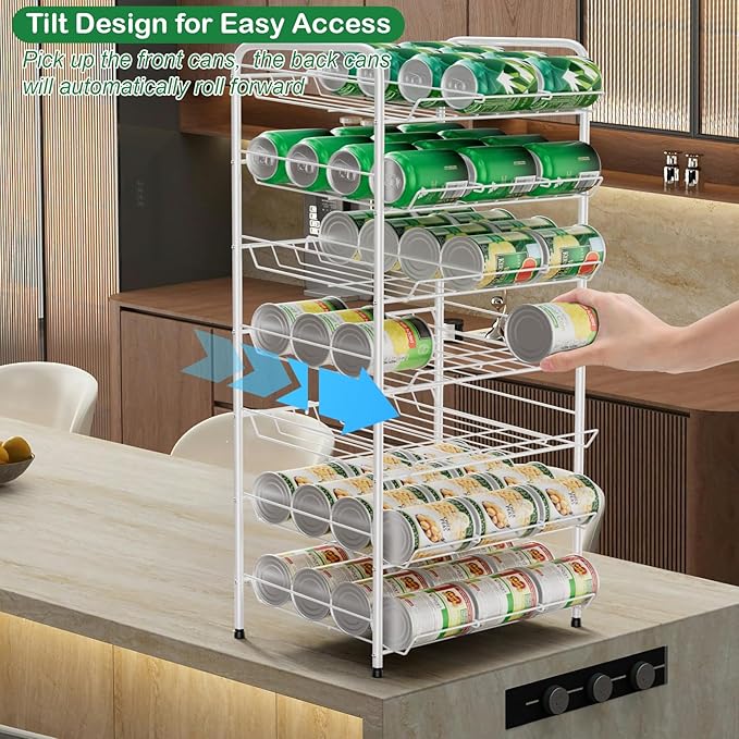 Vrisa Can Organizer for Pantry 7 Tier Canned Food Organizer Can Storage Rack Holds Up to 84 Cans Rolling Soda Soup Vegetable Can Goods Dispenser Shelf for Kitchen Pantry Cabinet, White