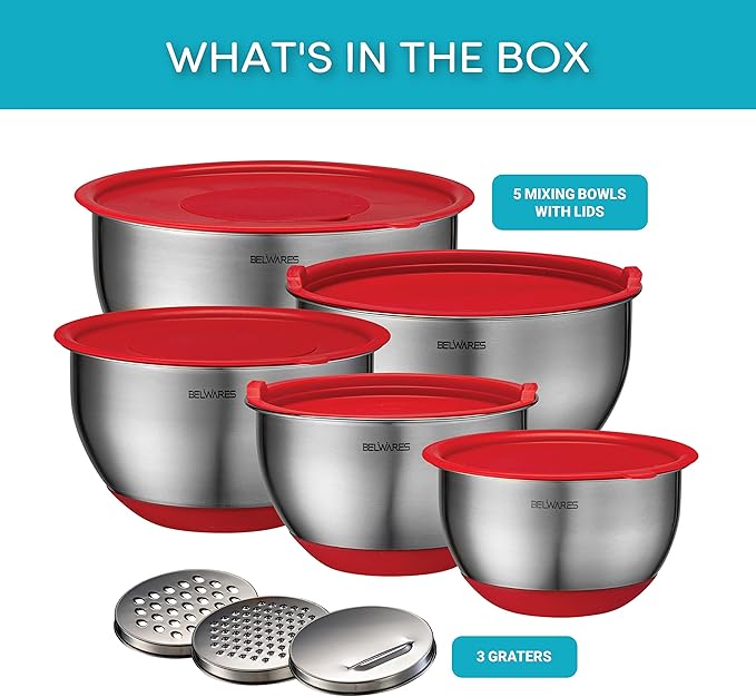 Belwares Mixing Bowls with Lids Set - Nesting Bowls with Airtight Lids + Graters - Stainless Steel Non-Slip Mixing Bowl for Baking, Food Storage and Prepping (Red, 5-Piece Set)
