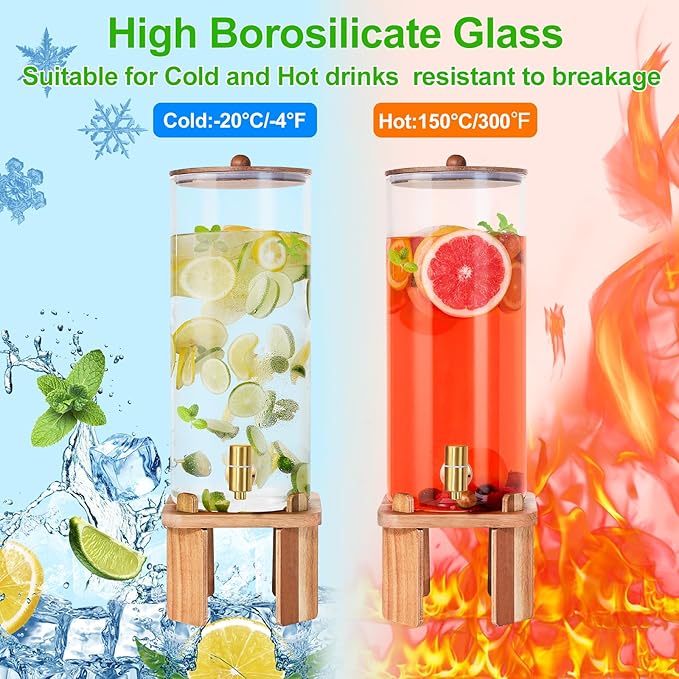 2 Gallon Large Drink Dispenser for Parties,Glass Beverage Dispenser with Stand,Water Drink Dispenser with Airtight Valve,Lemonade Dispenser for Fridge,Water, Juice,Punch,Cocktails,Ice Tea & Sun Tea-8L