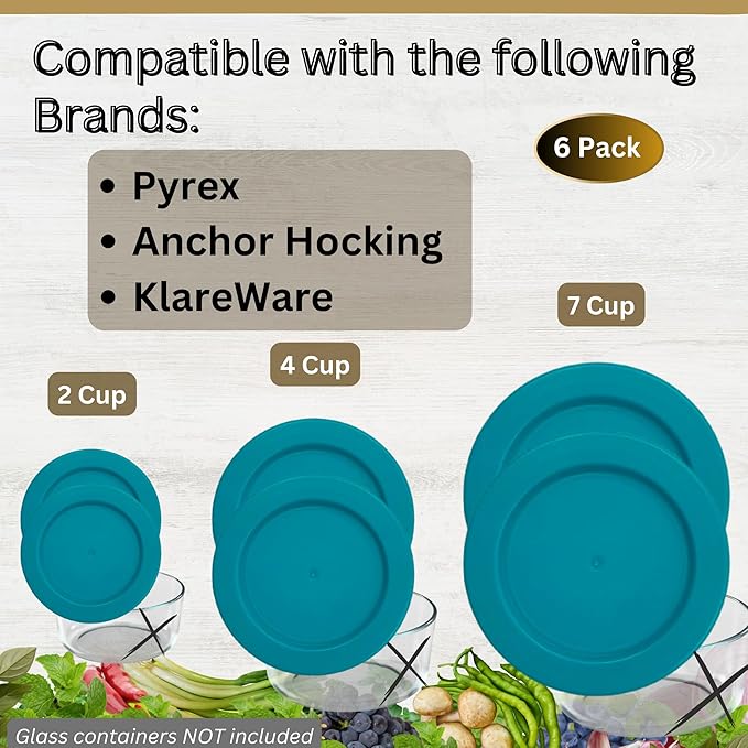 2, 4 & 7 Cup Turquoise Replacement Lids/Covers for Pyrex, Anchor Hocking & KlareWare Storage Bowls *Lids Only Glass Container Not Included* (6 Pack *Two of Each Size*)