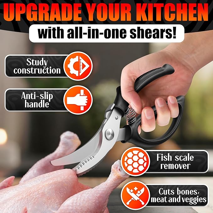 Chicken Shears – Stainless Steel Heavy Duty Poultry Shears | Meat, Vegetables, Seafood | Fish Scale Remover & Bone Scissors | Non-Slip Serrated Saw-Like Edge, Safety Lock & Spring-Loaded Mechanism