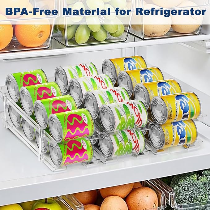 Can Organizer For Pantry,3 Sets 3 Tiers Pantry Organizers And Storage, Pantry Organizer for Fridge 36 Standard and Tall Cans Rack Automatic Rolling Stackable Canned Food Organizer, Clear