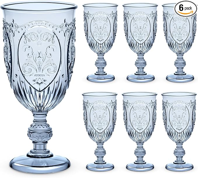 6 Pcs Plastic Goblets 7.5oz Vintage Goblet Plastic Wine Glasses Colored Retro Embossed Water Goblets for Wine Bar Juice Baby Shower Wedding Reception Grand Event Party (Blue)