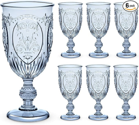6 Pcs Plastic Goblets 7.5oz Vintage Goblet Plastic Wine Glasses Colored Retro Embossed Water Goblets for Wine Bar Juice Baby Shower Wedding Reception Grand Event Party (Blue)