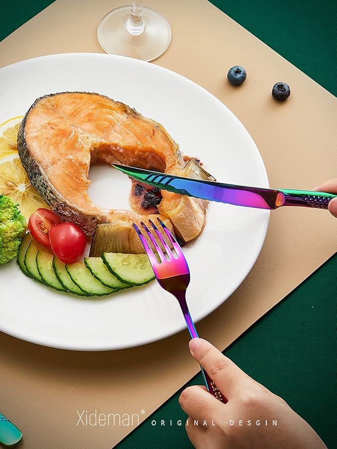 16-Piece Modern Hammered Rainbow Silverware Set with Ultra Sharp 2-IN-1 Serrated Knife, 18/10 Stainless Steel Iridescent Flatware Set Service for 4, Luxury Cutlery Set, Forks Spoons Knives Set