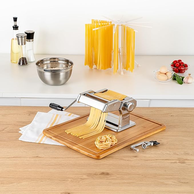 Met Lux Pasta Maker Machine, 1 Pasta Maker With 2 Cutter Attachments - 9 Adjustable Thickness Settings, 5 Piece Set, Stainless Steel Manual Machine, For Fettuccine, Spaghetti