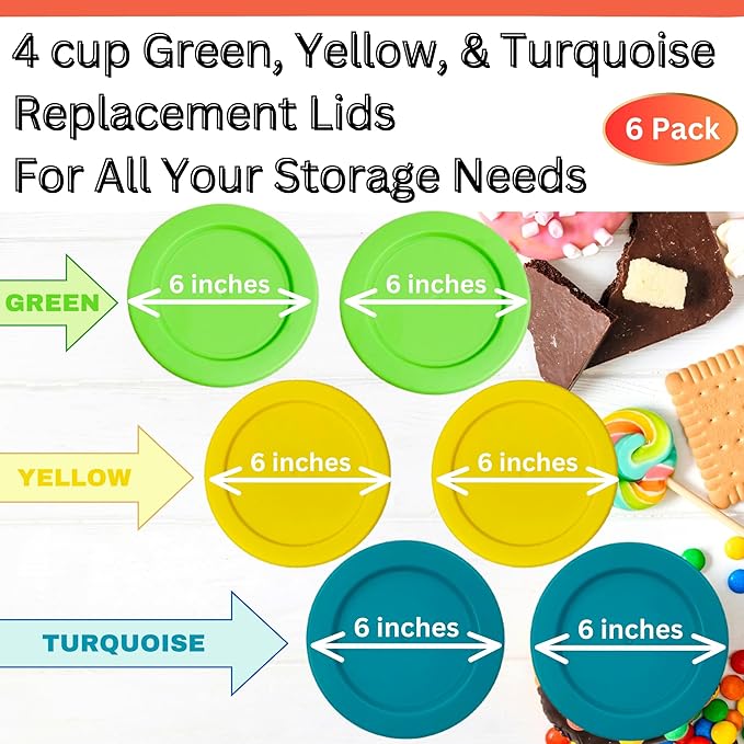 4 Cup/950 mL Turquoise Yellow Spring Green Replacement Lids/Covers for Pyrex 7201-PC, 32oz Anchor Hocking & KlareWare Storage Bowls *Lids Only Glass Container Not Included* (6 Pack, Turq/Y/Spring Grn)