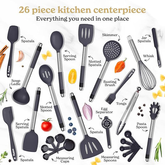 SMIRLY Kitchen Utensils Set – 26-Piece Silicone Cooking Utensils Set, Spatula Set with Holder, Stainless Steel Handle Silicone Kitchen Gadgets for Nonstick Cookware