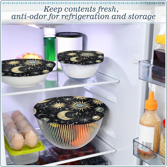 5 Pcs Bowl Covers Reusable in 5 Size Elastic Food Cover Cloth Lids Fresh Keeping Dish Cookware Bakeware Fabric Covers Lids for Food Leftovers Fruits Storage Star Moon Sun Constellation Blac