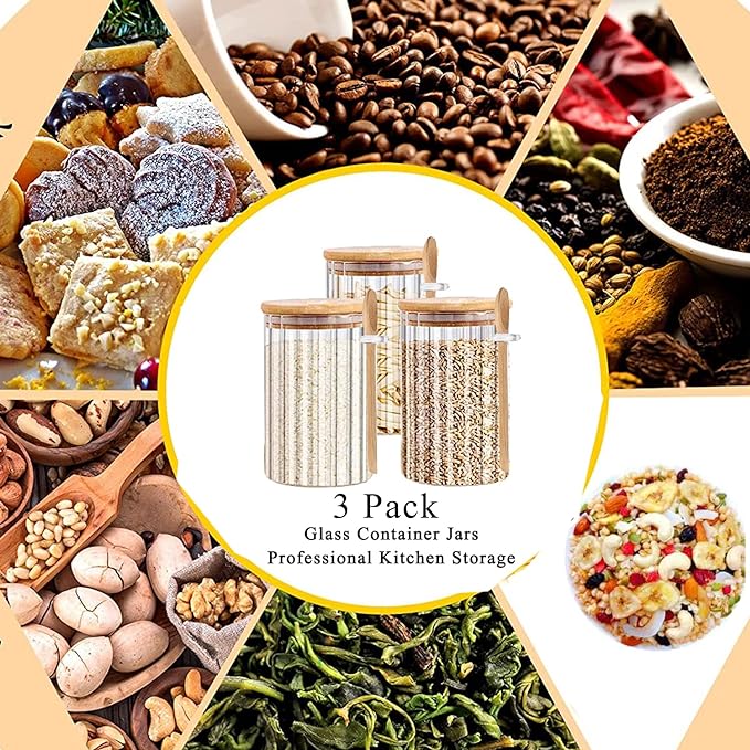 25 FL OZ Airtight Glass Jars with Bamboo Spoons Lids Overnight Oats Container Decorative Coffee Bar Food Storage Jar Cereal Nuts Salts Coffee Tea Flour Sugar Container Spice Jars
