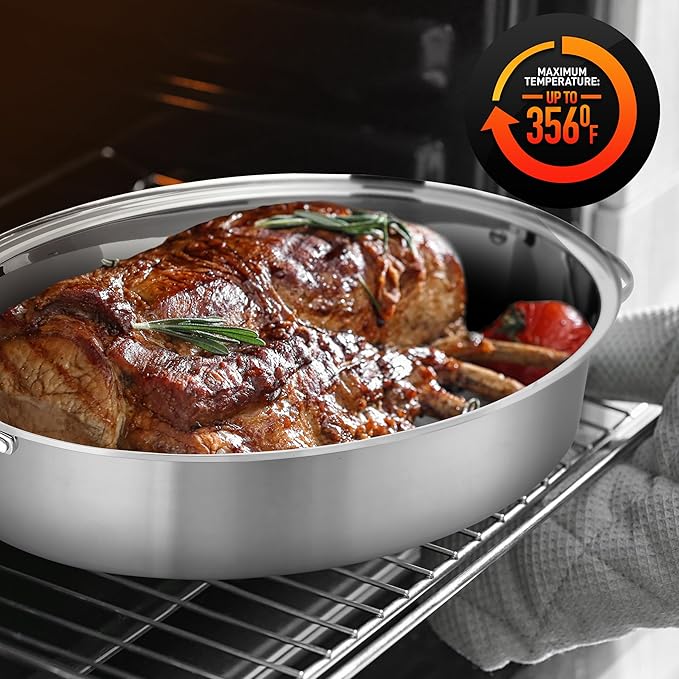 NutriChef 20" Oval Roasting Pan with Rack and Lid - Premium Stainless Steel Roaster Dish w/ Wide Handles & Removable Rack, Multi-Use Cookware for Turkey, Chicken, Stews, & More - Dishwasher Safe